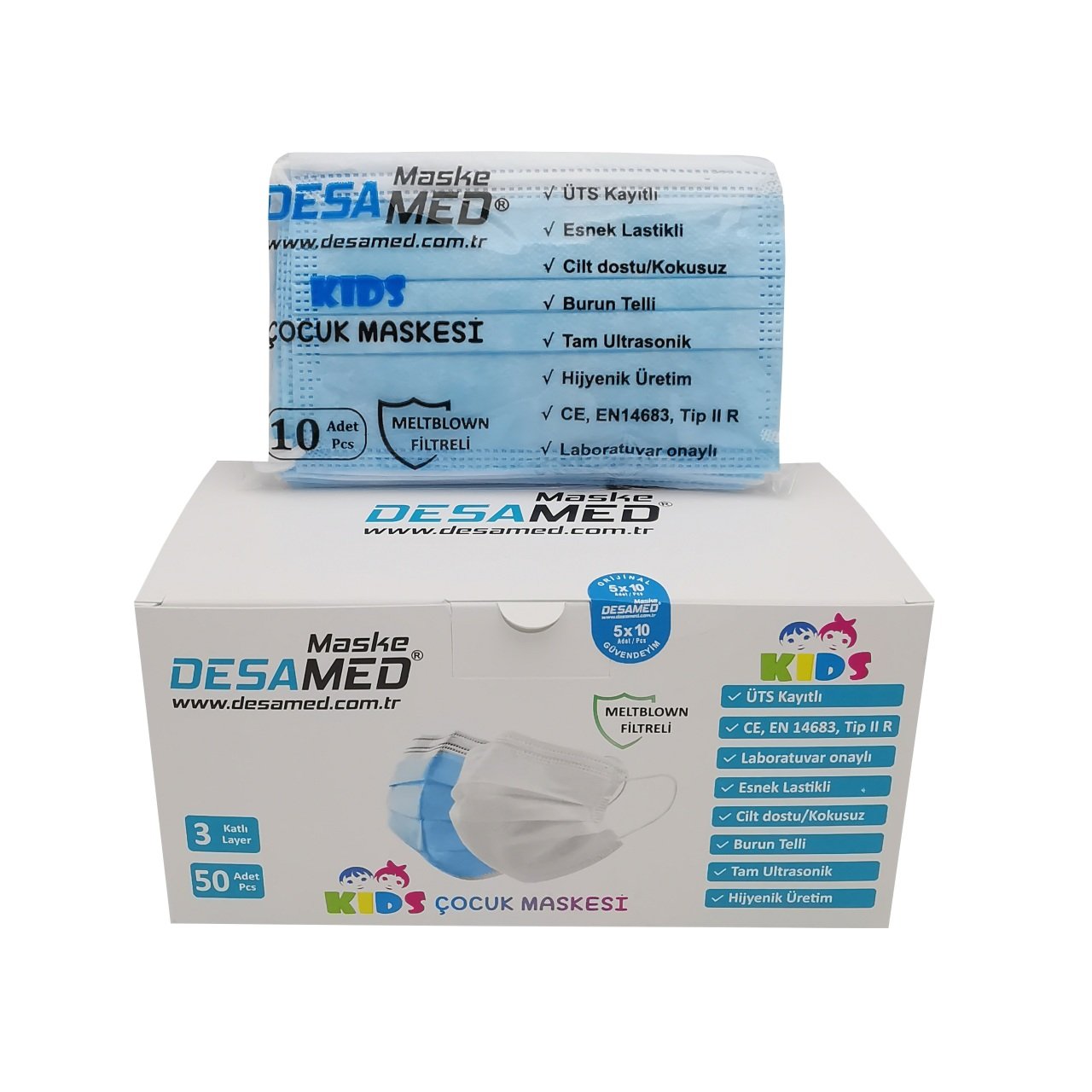 Desamed Çocuk Maske 3 Katlı Meltblown Filtreli 50 Adet (ÜTS Kayıtlı) Mavi - Tek Kutu