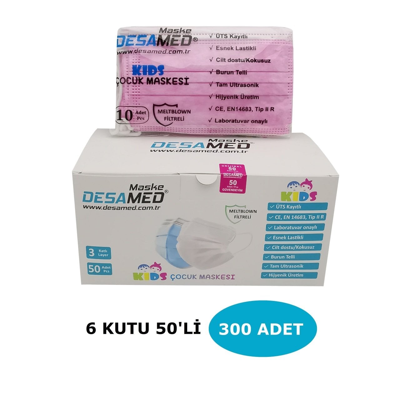 Desamed Çocuk Maske 3 Katlı Meltblown Filtreli 50 Adet (ÜTS Kayıtlı) Pembe - 6'lı Kutu