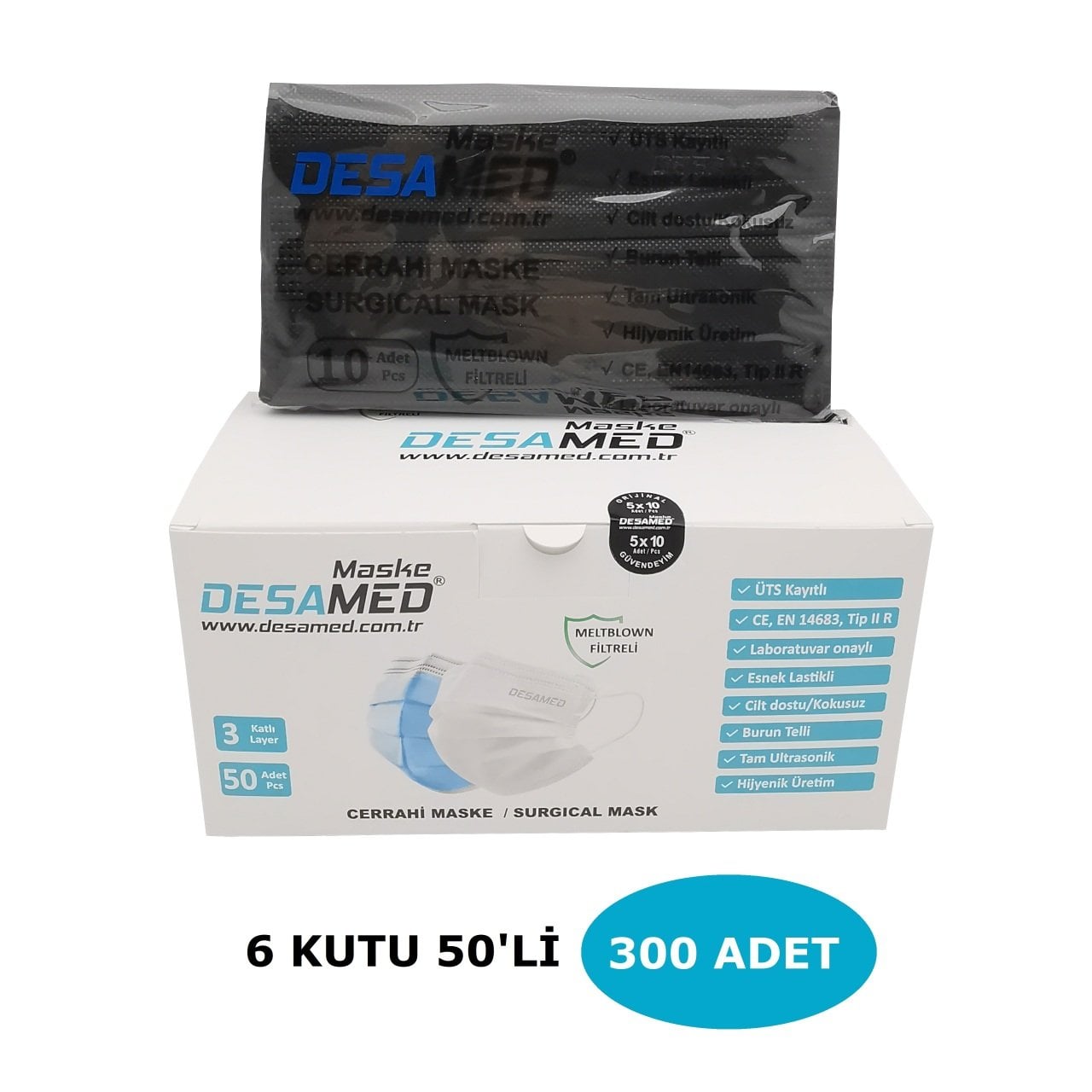 Desamed Maske 3 Katlı Meltblown Filtreli 50 Adet (ÜTS Kayıtlı) 6'lı Kutu - Siyah