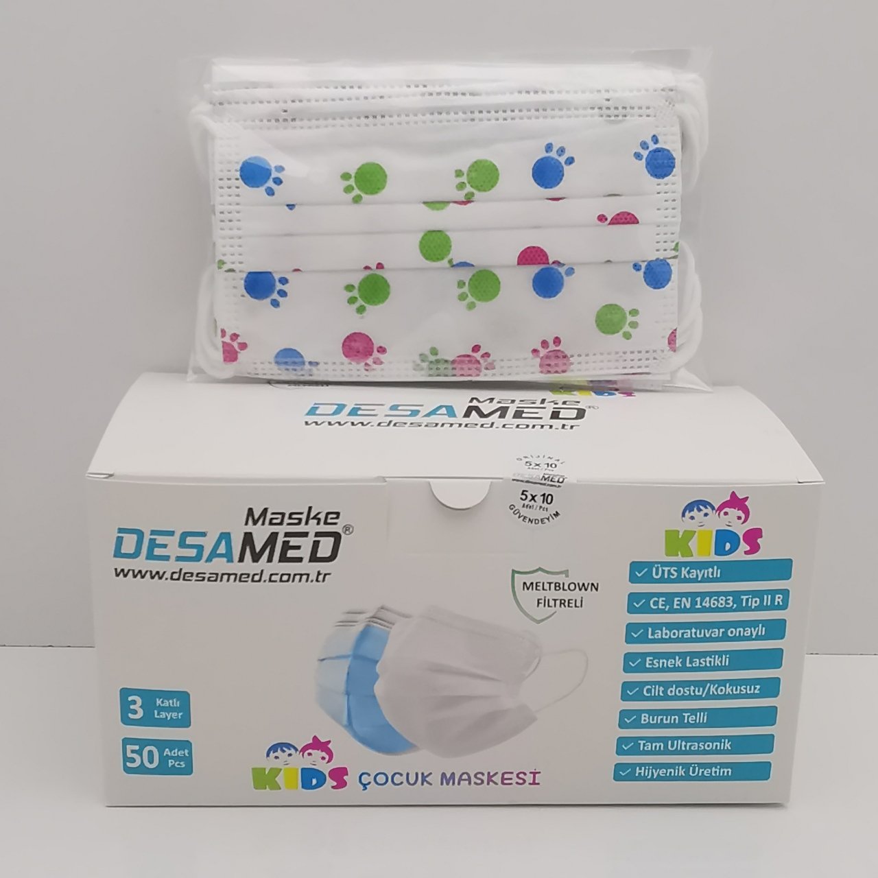 Desamed Çocuk Maske 3 Katlı Meltblown Filtreli 50 Adet (ÜTS Kayıtlı) Beyaz Pati - 6'lı Kutu