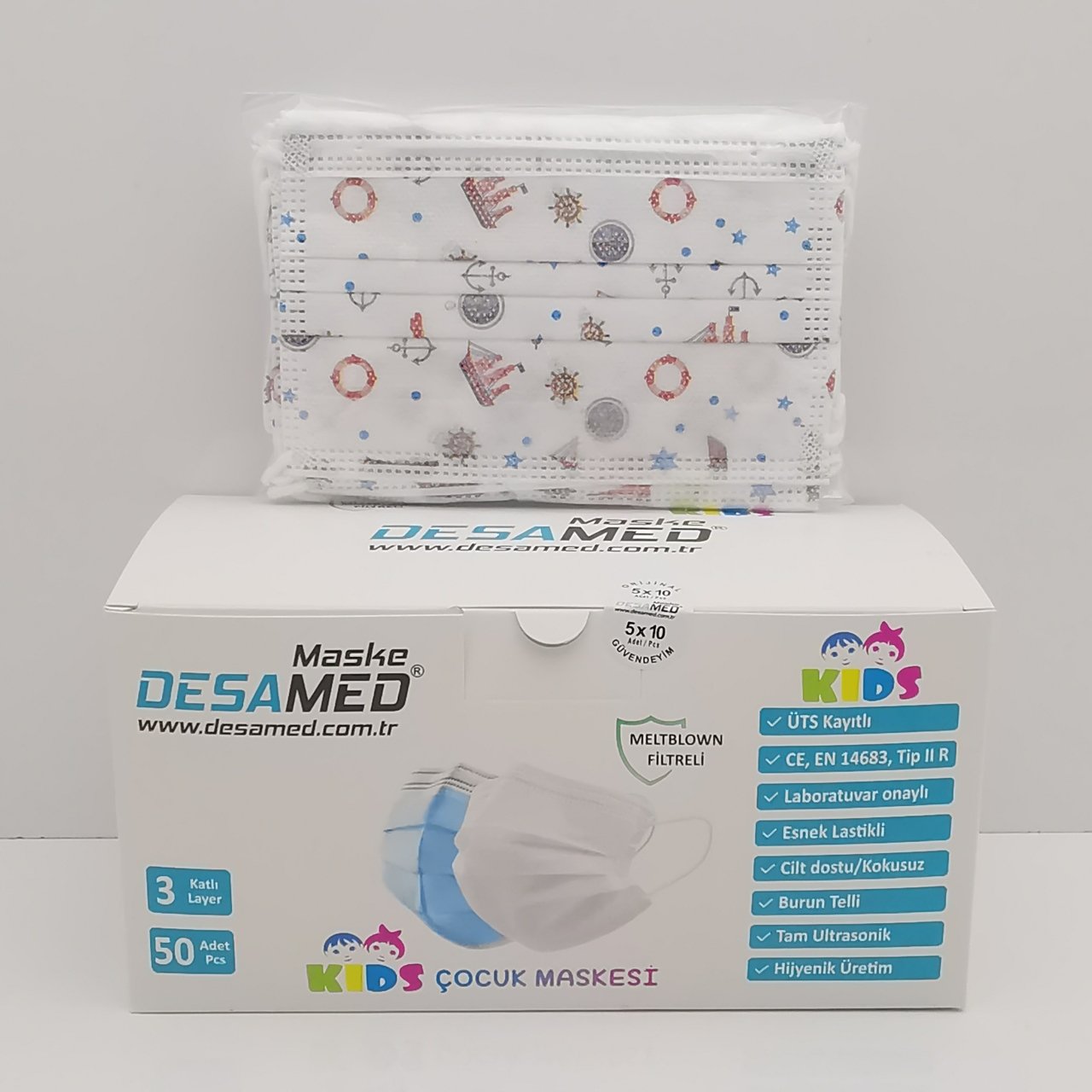Desamed Çocuk Maske 3 Katlı Meltblown Filtreli 50 Adet (ÜTS Kayıtlı) Beyaz Gemi - 6'lı Kutu