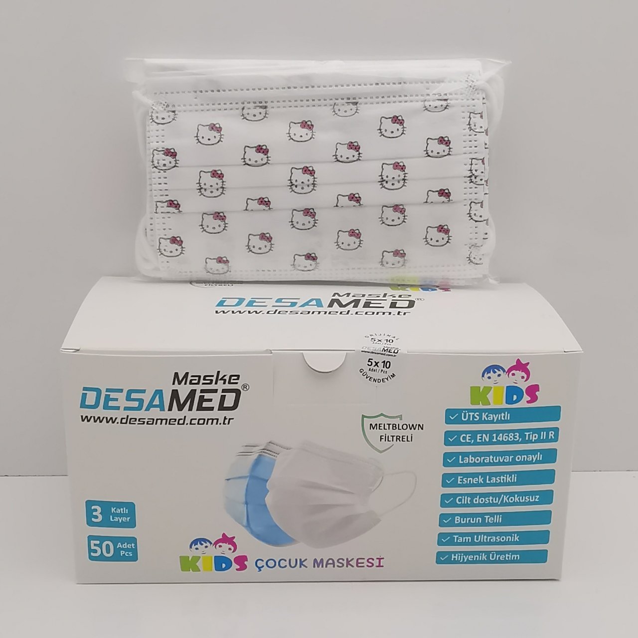 Desamed Çocuk Maske 3 Katlı Meltblown Filtreli 50 Adet (ÜTS Kayıtlı) Beyaz Kedi - Tek Kutu