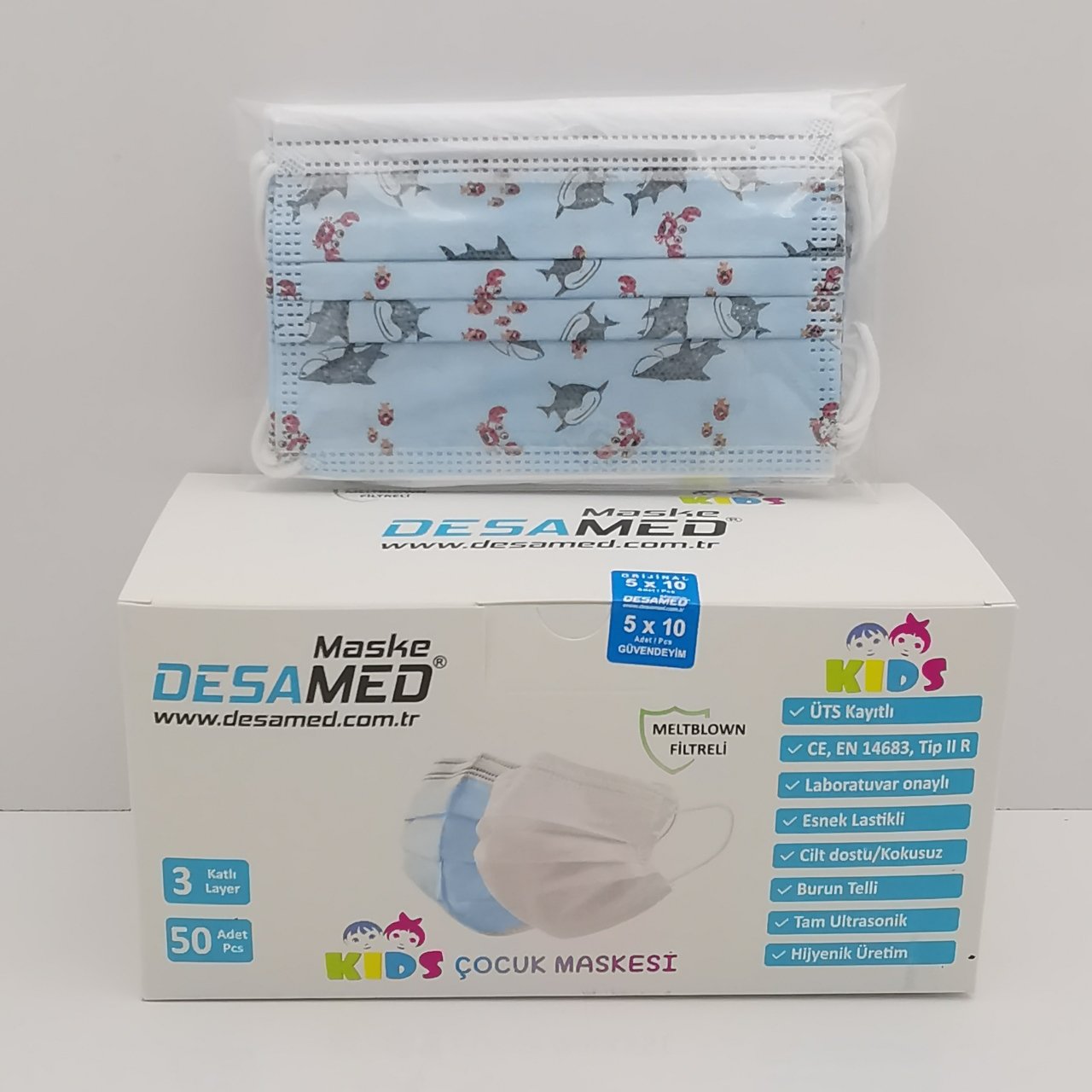 Desamed Çocuk Maske 3 Katlı Meltblown Filtreli 50 Adet (ÜTS Kayıtlı) Mavi Balık - 6'lı Kutu