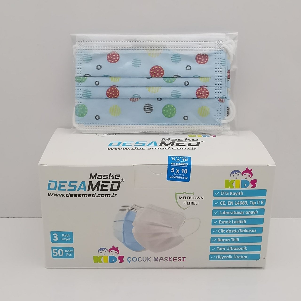Desamed Çocuk Maske 3 Katlı Meltblown Filtreli 50 Adet (ÜTS Kayıtlı) Mavi Şeker - 6'lı Kutu