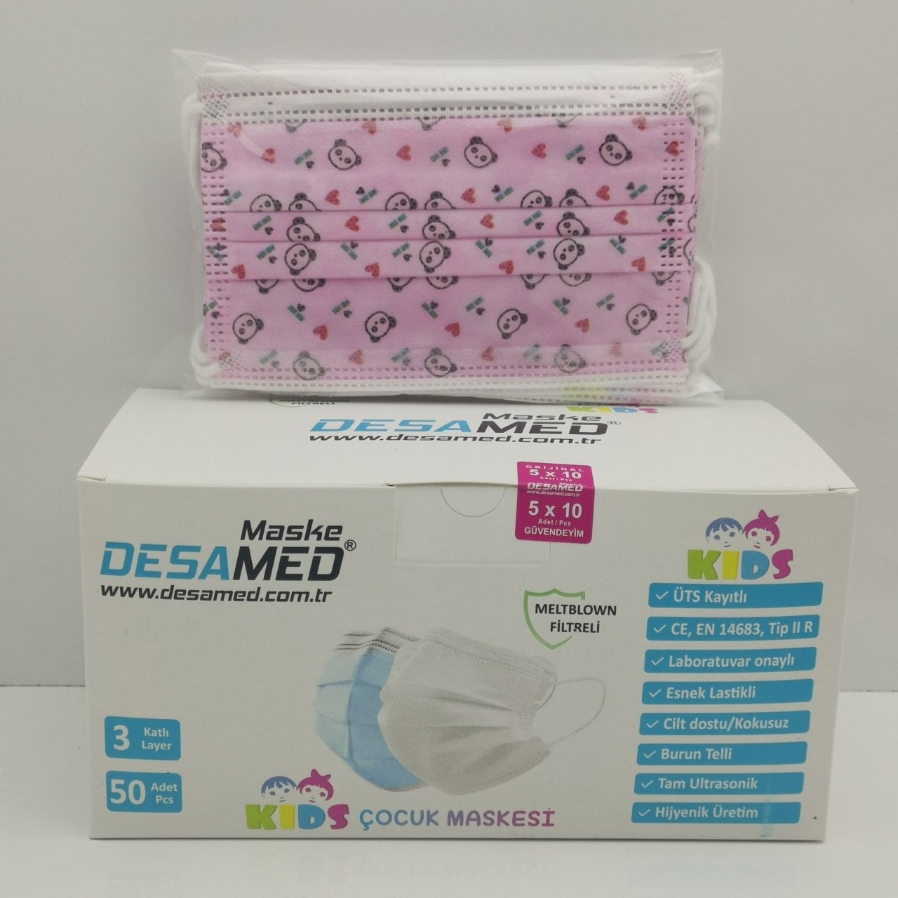 Desamed Çocuk Maske 3 Katlı Meltblown Filtreli 50 Adet (ÜTS Kayıtlı) Pembe Panda - Tek Kutu