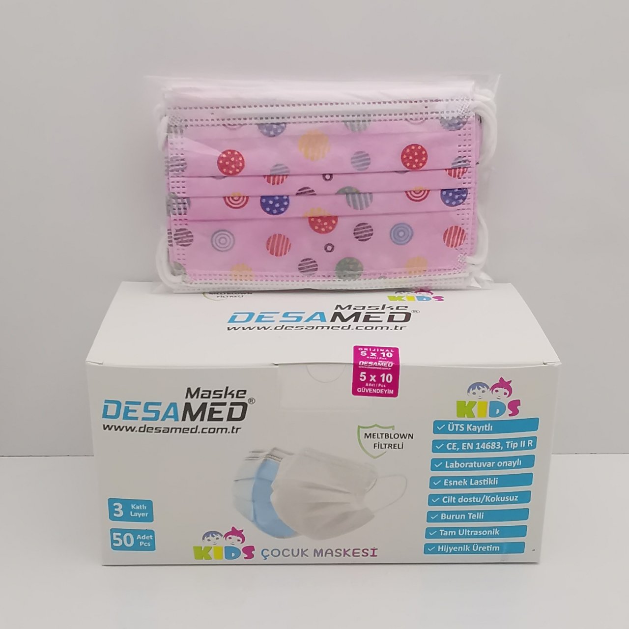 Desamed Çocuk Maske 3 Katlı Meltblown Filtreli 50 Adet (ÜTS Kayıtlı) Pembe Şeker - 6'lı Kutu
