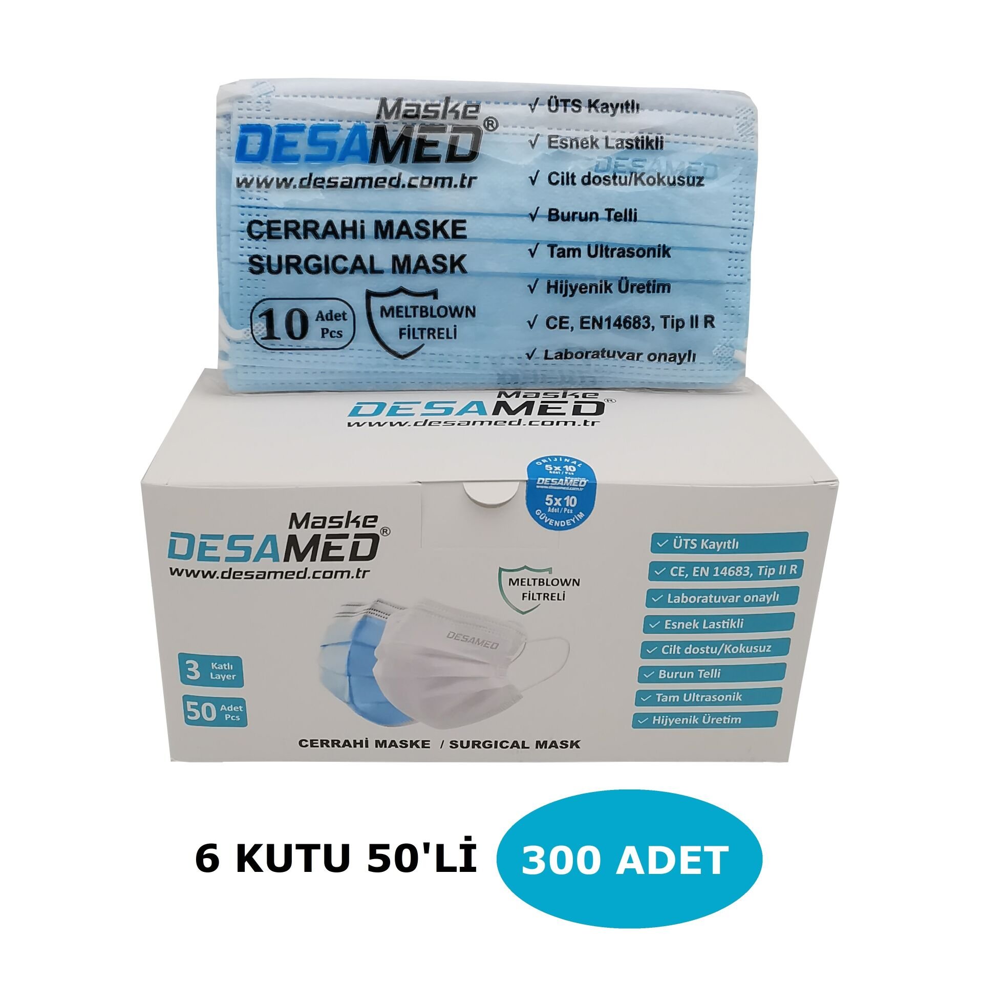 Desamed Maske 3 Katlı Meltblown Filtreli 50 Adet (ÜTS Kayıtlı) Mavi - 6'lı Kutu